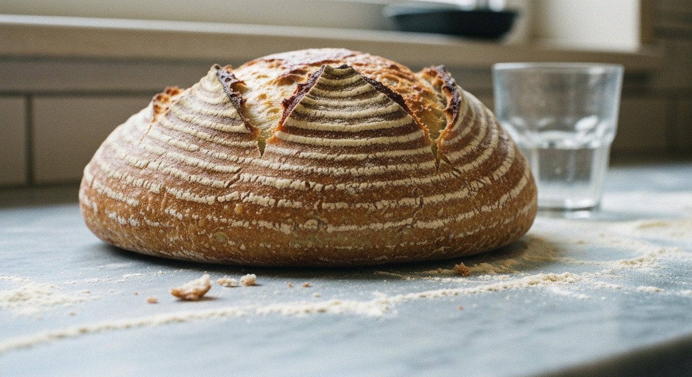Detailní záběr na čerstvý kváskový chléb s popraskanou kůrkou na pomoučené pracovní desce v pekárně.
