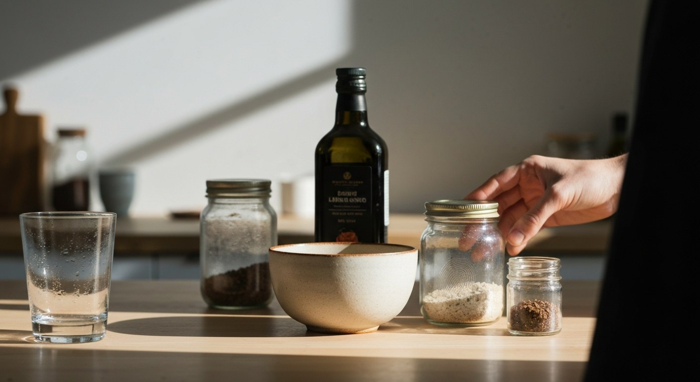 Pohled na kuchyňskou linku s různými ingrediencemi a dózami v přirozeném denním světle.
