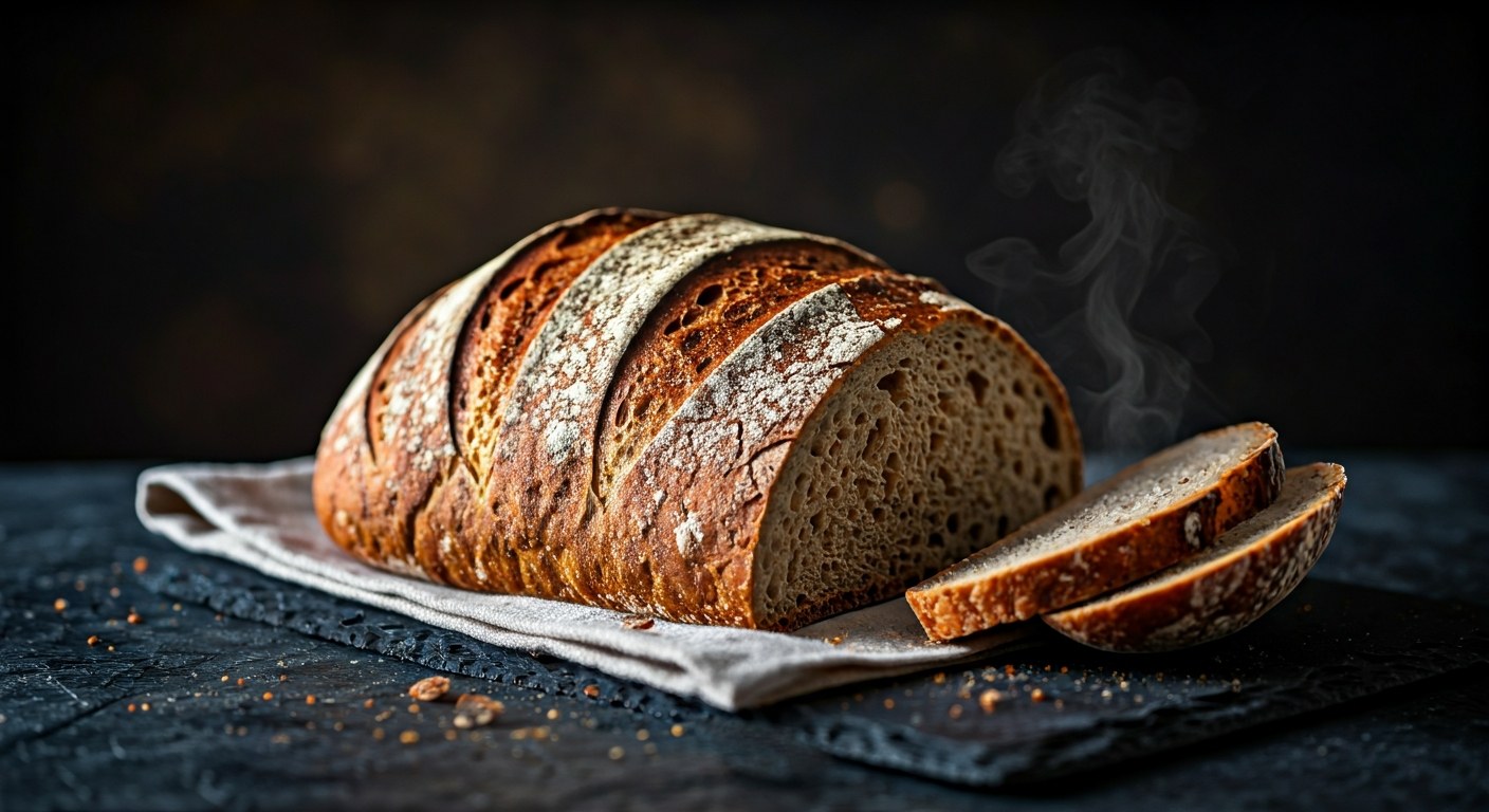 Čerstvý bochník kváskového chleba na tmavém kamenném podkladu s drobečky a lněným ubrouskem.