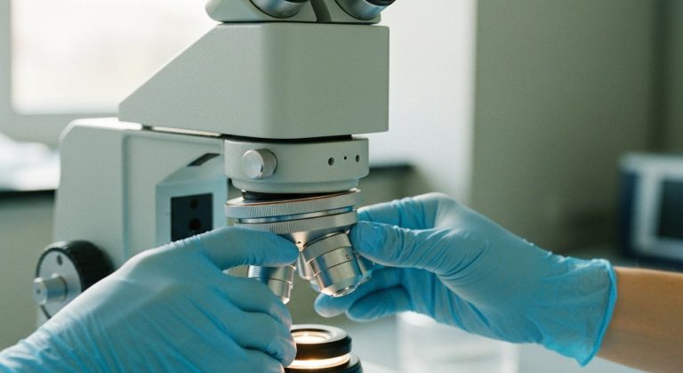 Detailní pohled na ruce laboranta v bledě modré rukavici, který jemně nastavuje ostření moderního mikroskopu v prosvětlené laboratoři.