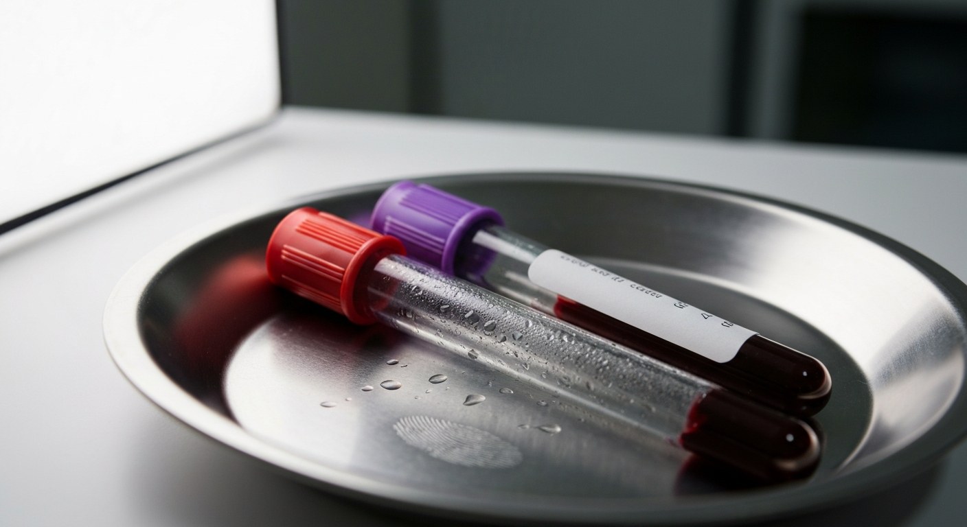 Dvě lékařské zkumavky na odběr krve uložené v nerezovém podnosu v profesionálním laboratorním prostředí.
