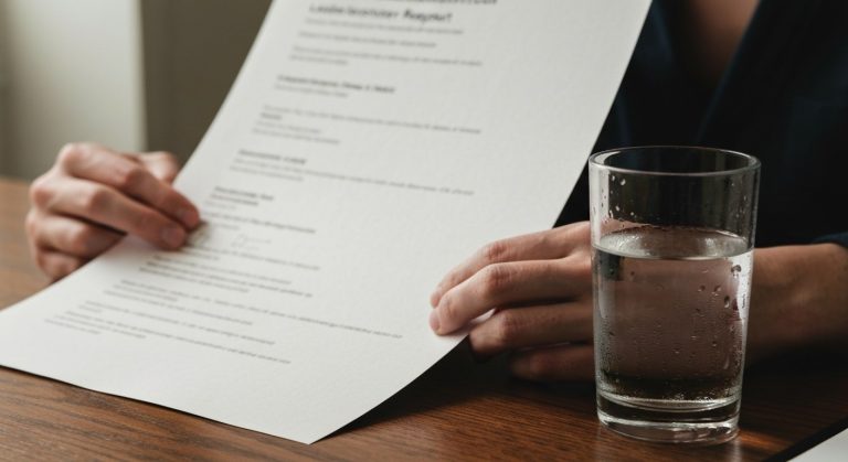 Detailní záběr na ruce držící papírovou laboratorní zprávu na dřevěném stole vedle sklenice vody s kapkami kondenzace.
