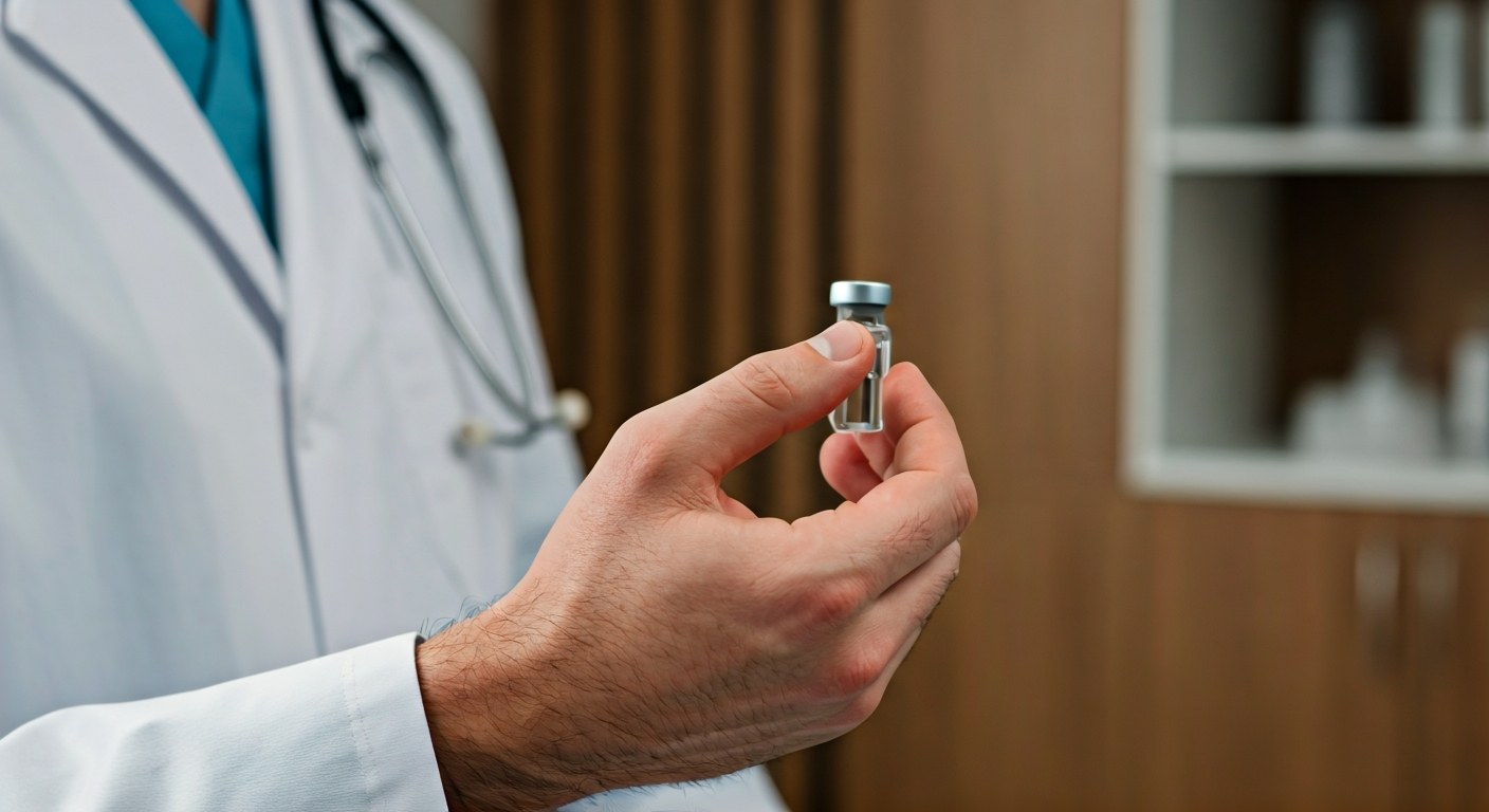 Moderní diagnostika celiakie 2026 Detailní záběr rukou lékaře v bílém plášti držícího čistou skleněnou laboratorní zkumavku v moderní ordinaci.