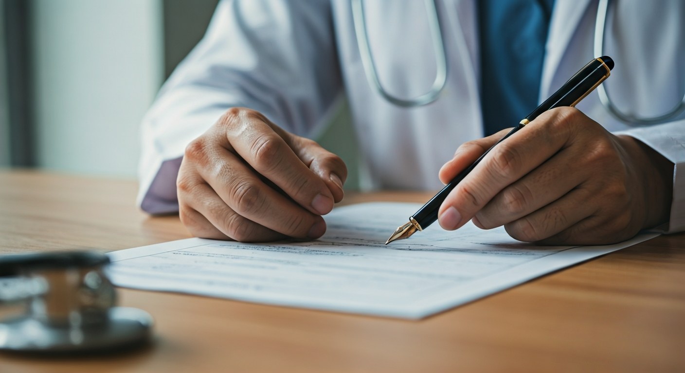 Detailní záběr na ruce lékaře v bílém plášti vyplňujícího pacientský formulář na dřevěném stole se stetoskopem.