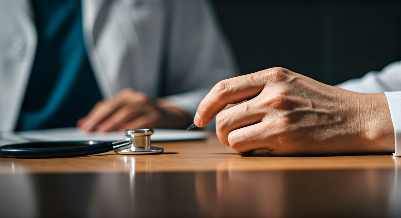 Diagnostika celiakie u odborníka Detailní záběr na ruku lékaře a stetoskop na stole během odborné konzultace v moderní ordinaci.