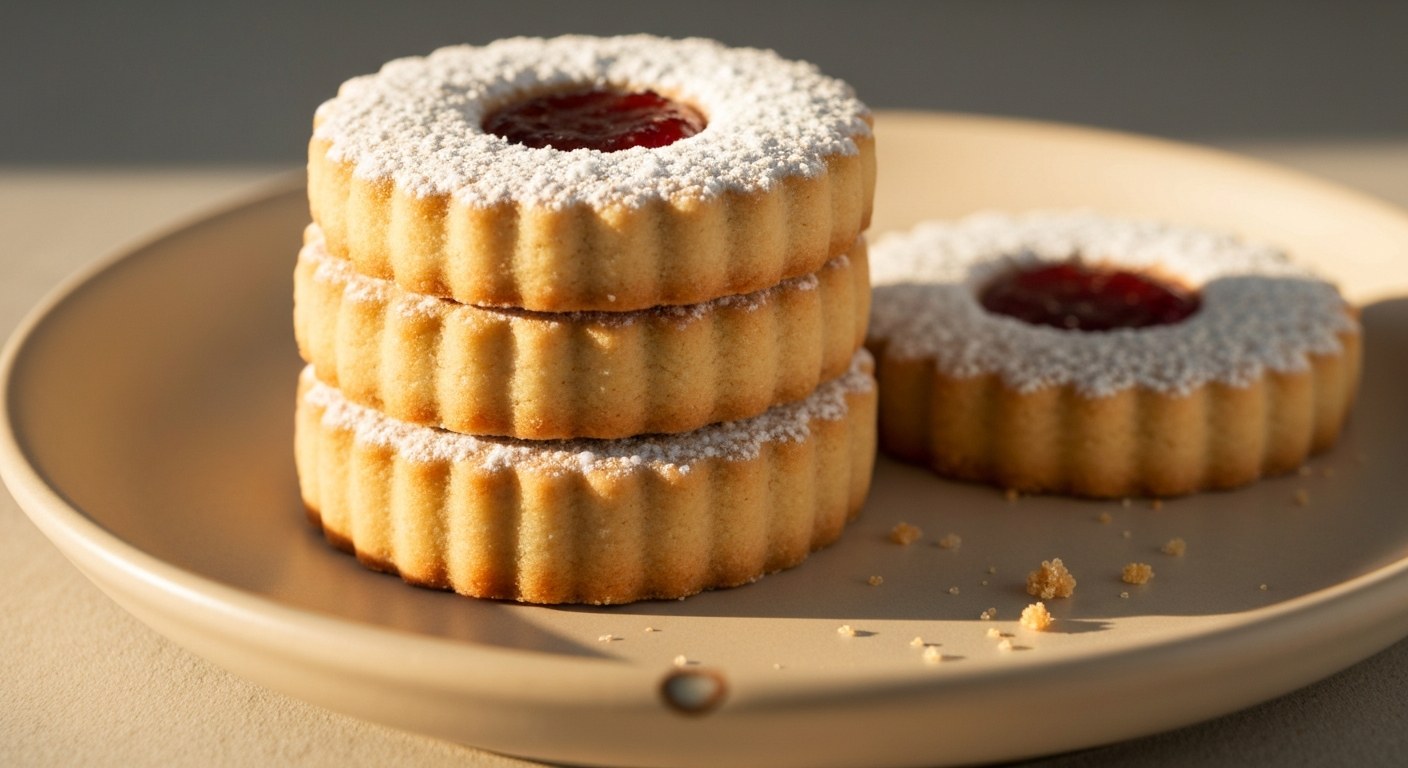 Detailní makro snímek vrstveného bezlepkového lineckého cukroví s marmeládou na keramickém talířku s drobečky.