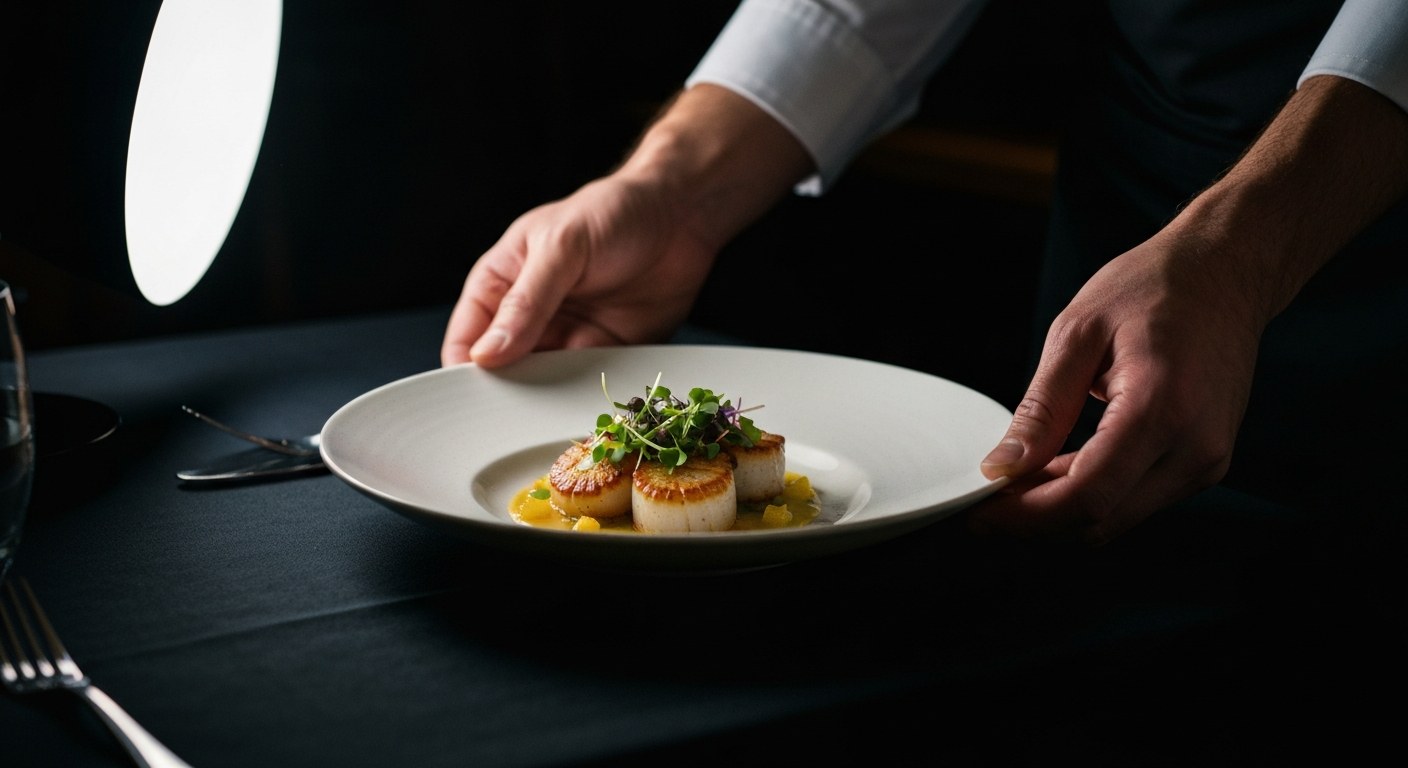 Elegantní ruce číšníka servírující luxusní bezlepkový pokrm s mušlemi v ostravské restauraci.