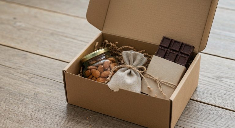 Detailní záběr na otevřenou dárkovou krabici s bezlepkovými delikatesami, sklenicí mandlí a čokoládou na dřevěném stole.