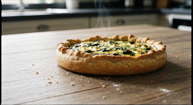 Detailní pohled na čerstvě upečený bezlepkový quiche se špenátem a sýrem na dřevěném stole s drobenkou.
