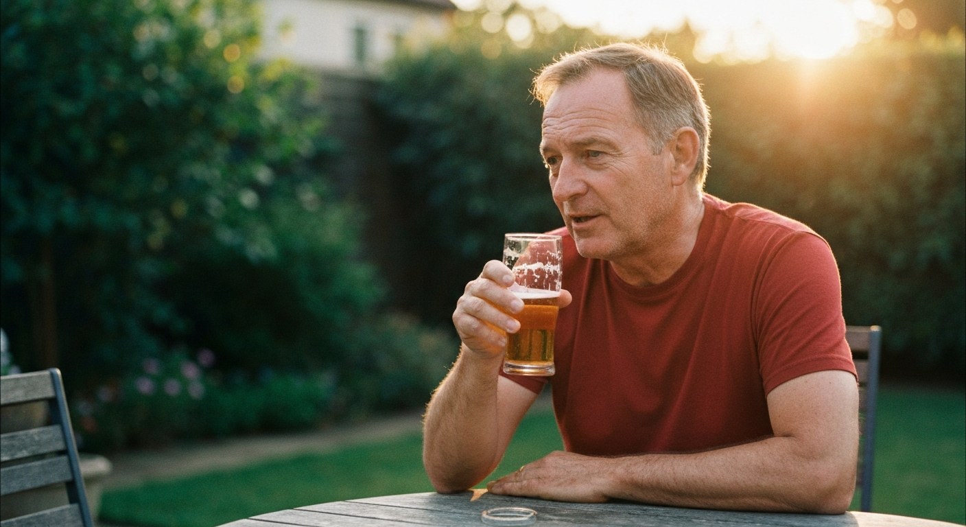 Muž si vychutnává bezlepkové pivo Usměvavý muž sedící u stolu na zahradě a držící sklenici piva během slunečného podvečera.