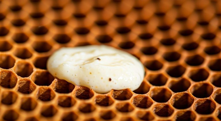 Mateří kašička s Apk Gluteny: Kompletní průvodce 2026 14 Detailní záběr na matečník včelí královny naplněný hustou, krémově bílou mateří kašičkou v plástvi.