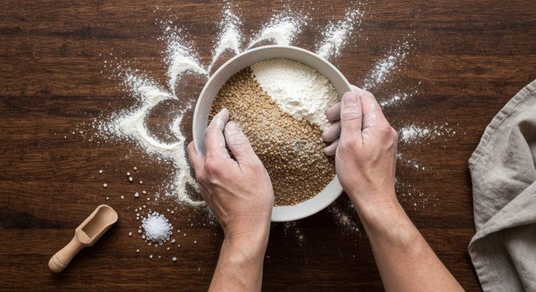 Domácí bezlepkové pečivo recept: Tipy pro nadýchaný výsledek 15 Detailní záběr na ruce míchající různé druhy bezlepkové mouky v keramické míse na tmavém dřevěném stole.
