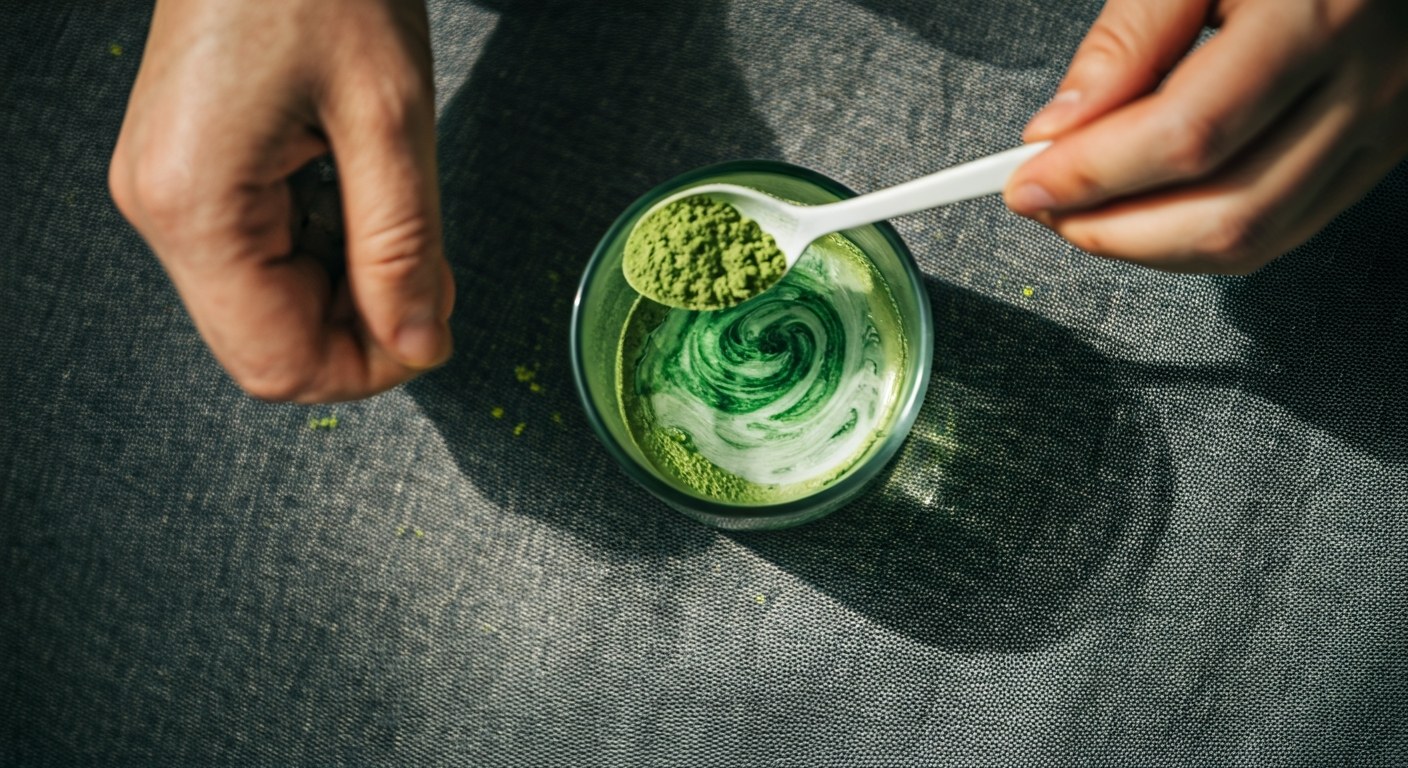 Detailní záběr ruky míchající zelený prášek v čisté sklenici vody na šedém lněném prostírání.