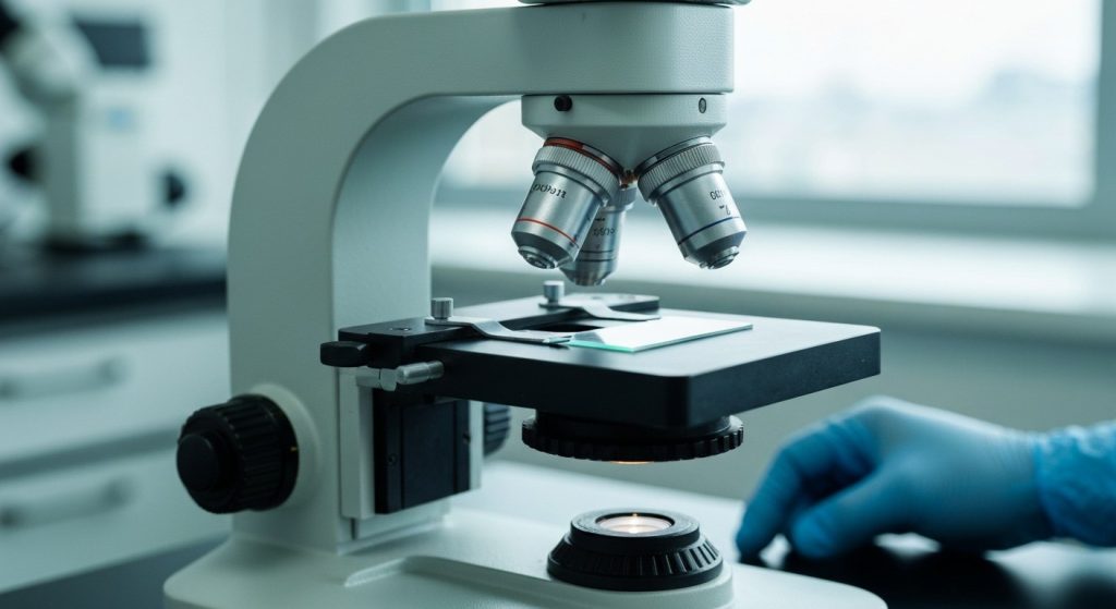 Detailní pohled na profesionální laboratorní mikroskop se skleněným sklíčkem v čistém, moderním lékařském prostředí.