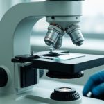 Detailní pohled na profesionální laboratorní mikroskop se skleněným sklíčkem v čistém, moderním lékařském prostředí.