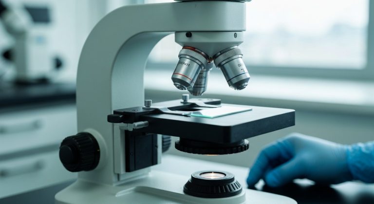 Detailní pohled na profesionální laboratorní mikroskop se skleněným sklíčkem v čistém, moderním lékařském prostředí.