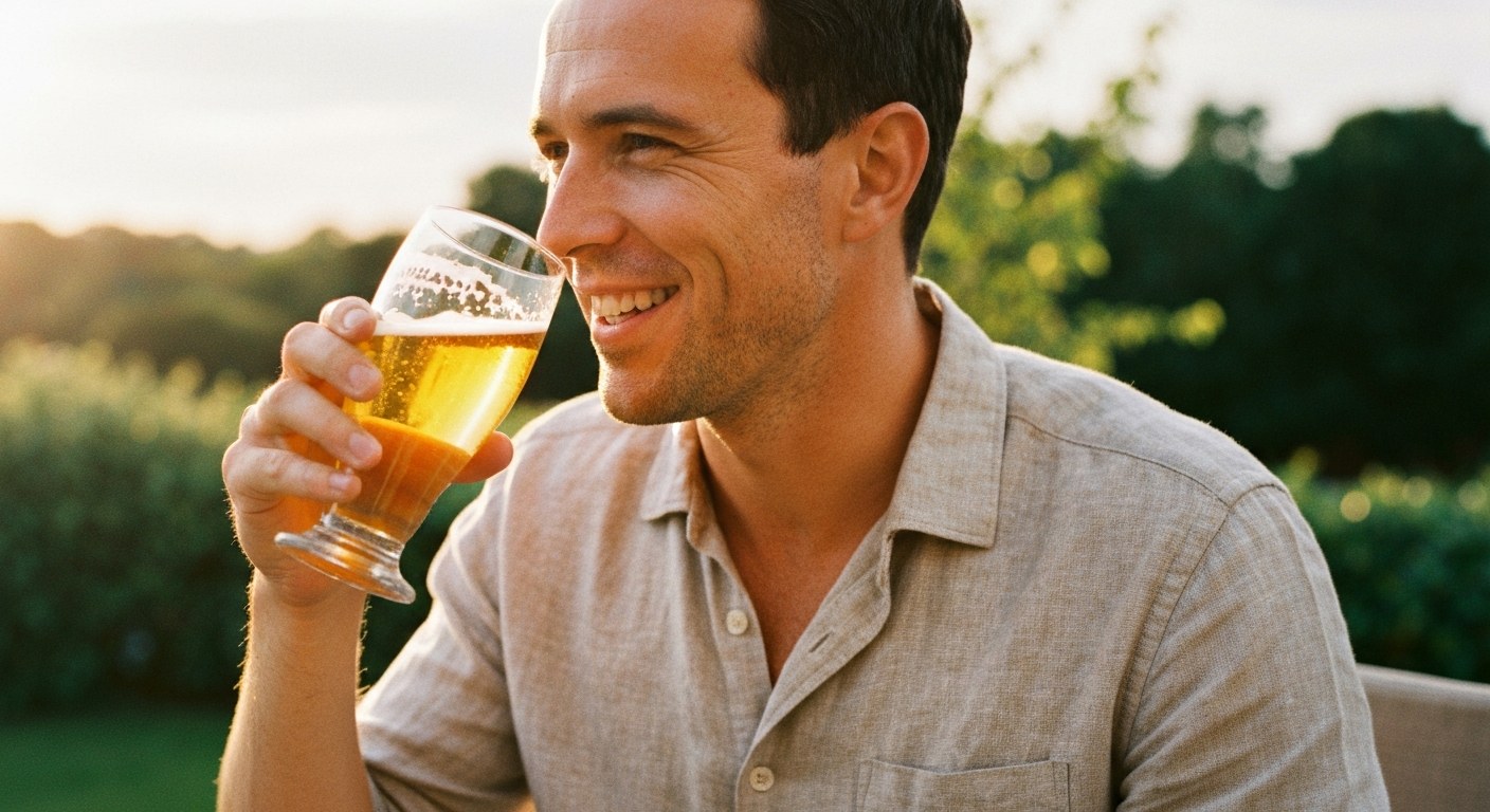 Celiak si vychutnává bezpečné pivo Muž se usmívá a drží sklenici piva na venkovní terase během slunečného odpoledne.