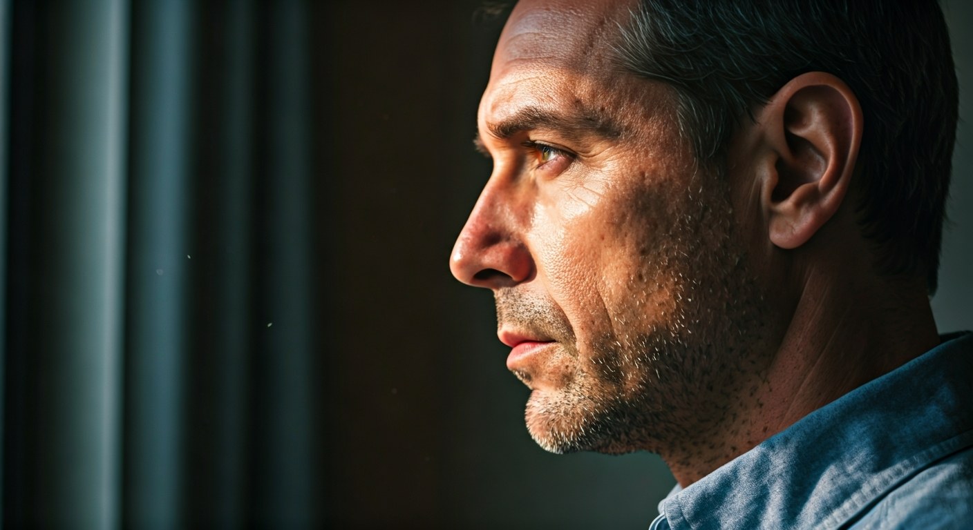 Profil muže středního věku dívajícího se z okna během zlaté hodinky s přirozenou texturou pleti.