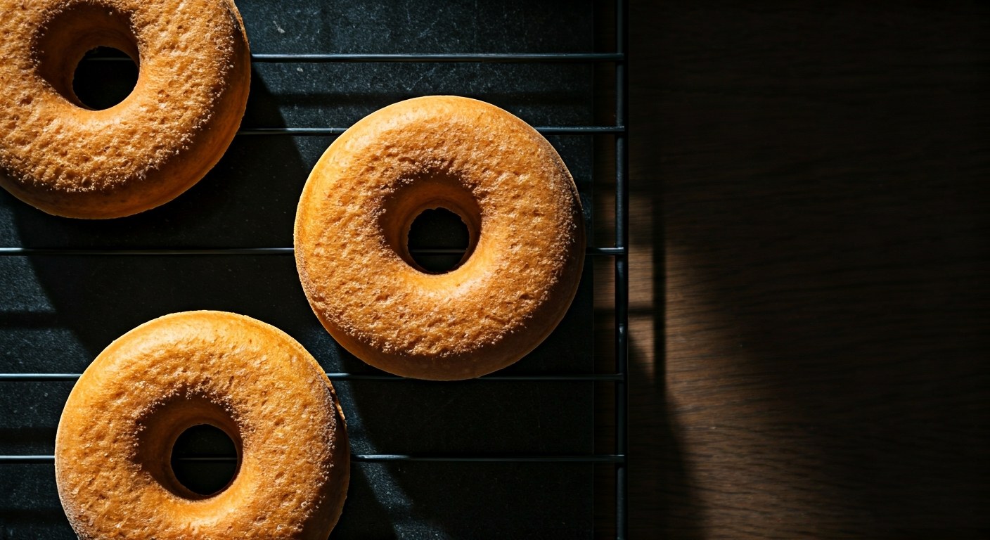 Pohled na upečené donuty na chladicí mřížce, jeden rozlomený kus ukazuje nadýchanou a vláčnou strukturu těsta.