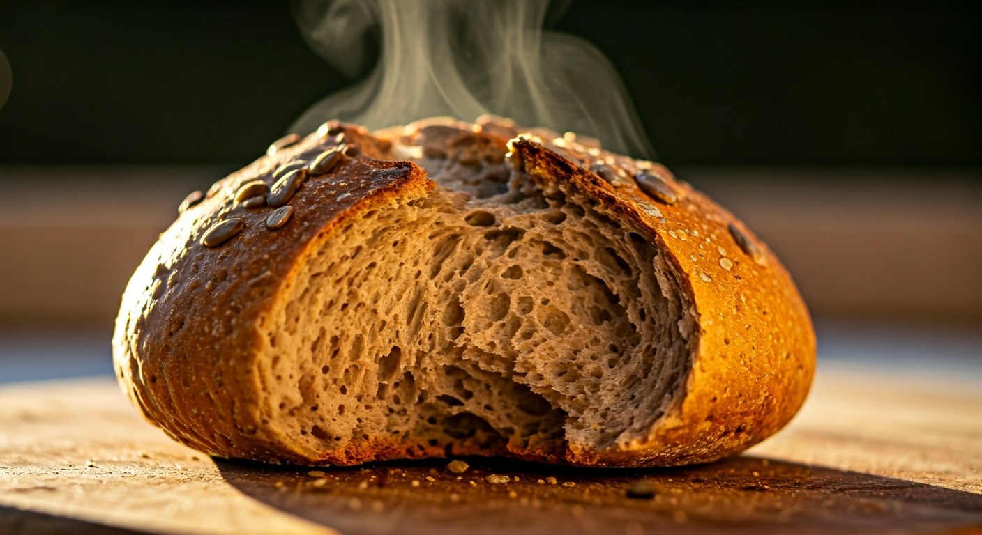 Rozlomená teplá bezlepková houstička s měkkou střídkou, ze které stoupá pára, na dřevěném prkénku.