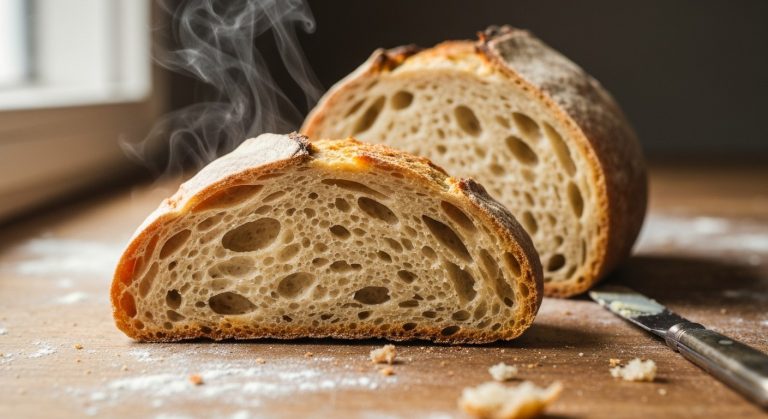Bezlepkové droždí Uniferm: Průvodce pro dokonalé těsto 19 Detailní záběr na řez čerstvého bezlepkového chleba s nadýchanou střídkou a křupavou kůrkou na dřevěném prkénku.