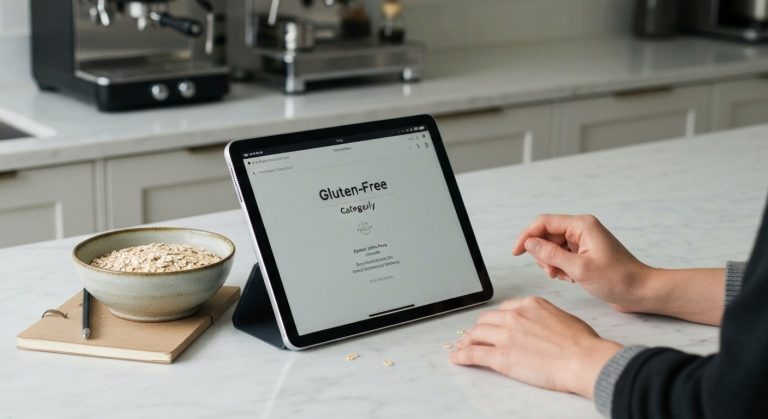 Detailní záběr na ruku procházející e-shop s bezlepkovými potravinami na tabletu položeném na mramorové kuchyňské lince.