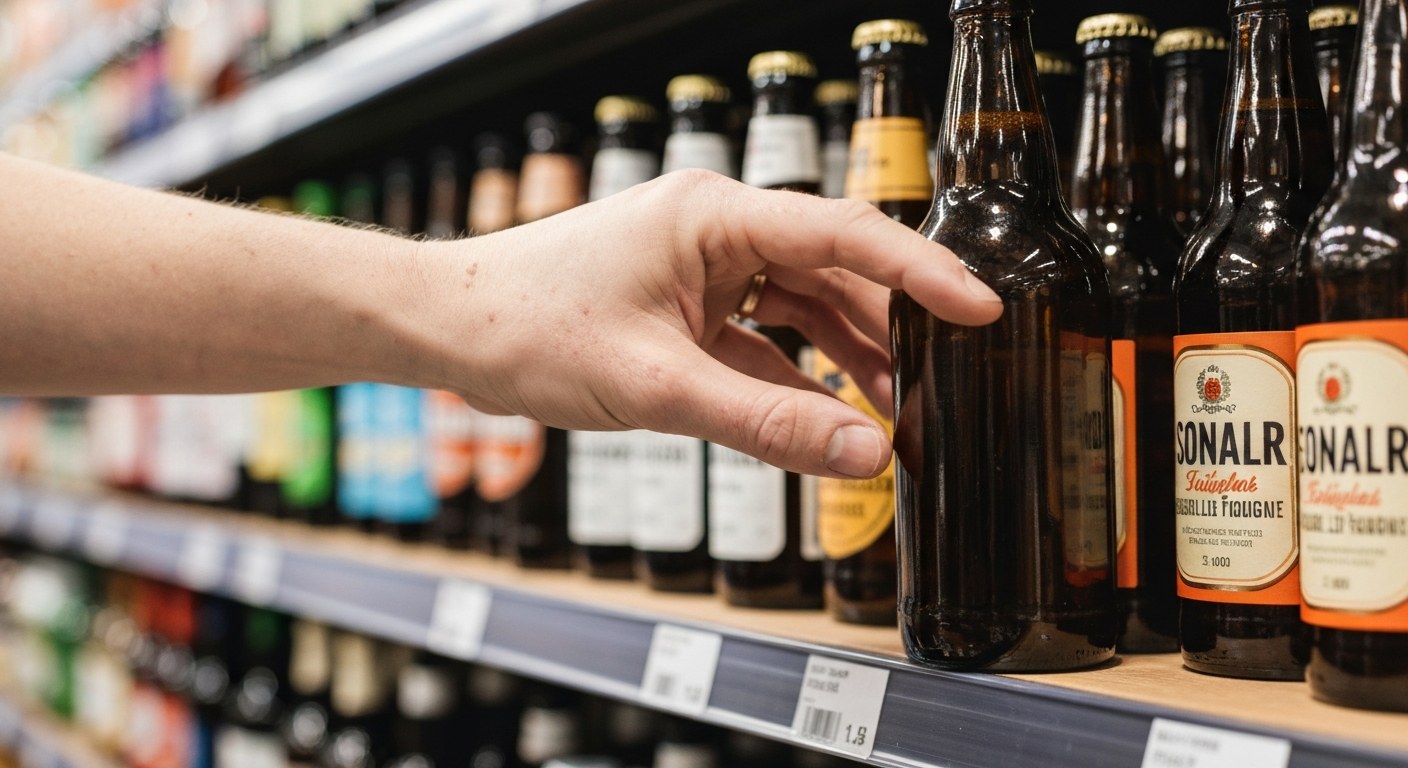 Nákup piva v obchodě Albert Detail ruky sahající pro hnědou skleněnou láhev piva v dřevěném regálu supermarketu s jemným rozostřením pozadí.
