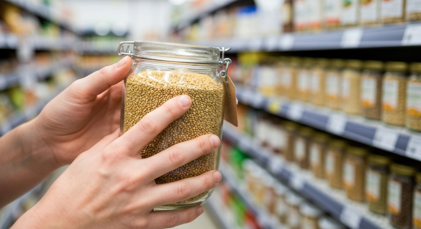 Výběr bezpečných potravin v obchodě Detailní záběr na ruce držící sklenici s quinoou v obchodě, v pozadí jsou rozostřené regály s potravinami.