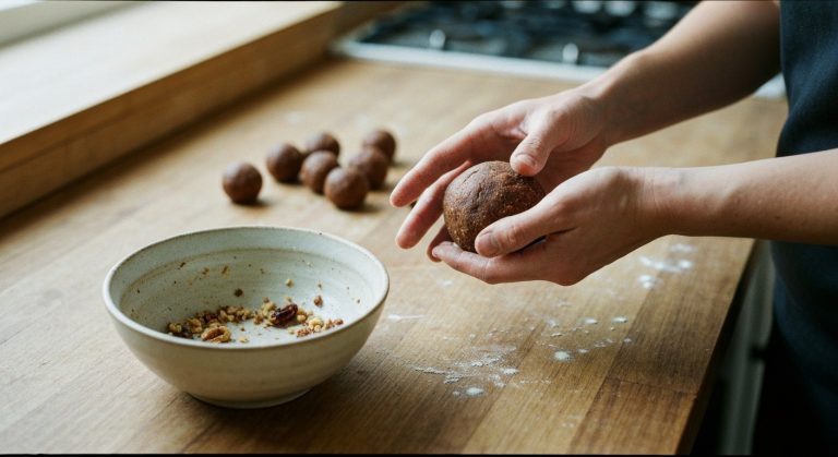 Nepečené cukroví bez lepku: Vánoční recepty a no-whisk tipy 5 Detailní záběr na ruce připravující nepečené datlové kuličky na dřevěném válu.