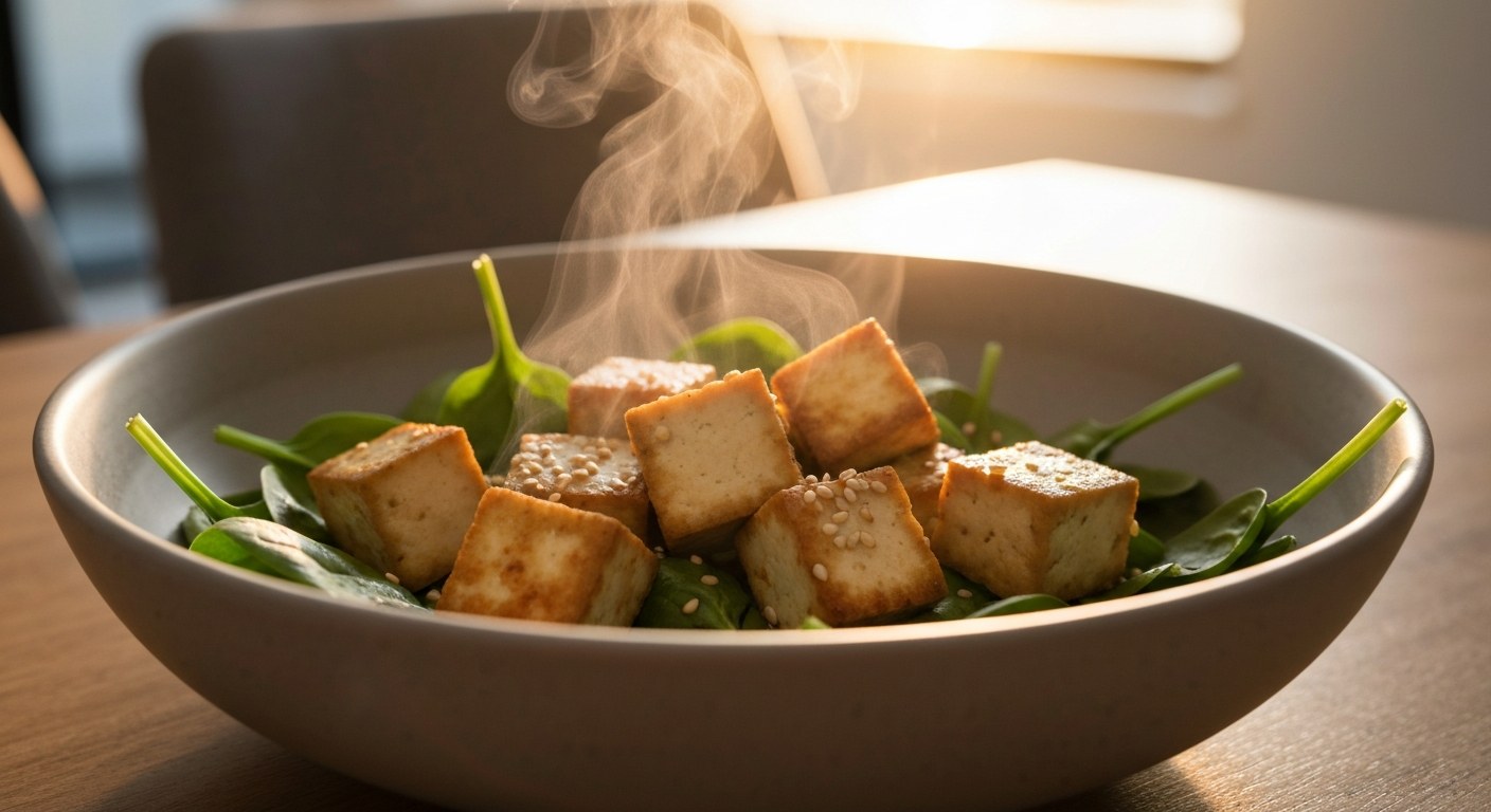 Opečené tofu se sezamem a zeleninou Miska s opečenými kostkami tofu, zelenými listy špenátu a sezamem, osvětlená teplým zapadajícím sluncem.