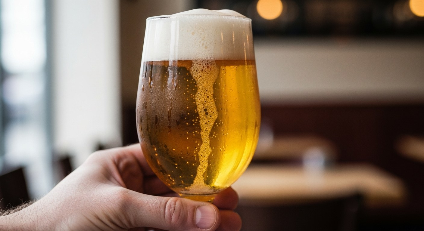 Celiakie a pivo: Kompletní průvodce pro rok 2026 1 Detailní záběr ruky držící orosenou sklenici zlatavého piva s hustou bílou pěnou v prosvětleném interiéru.