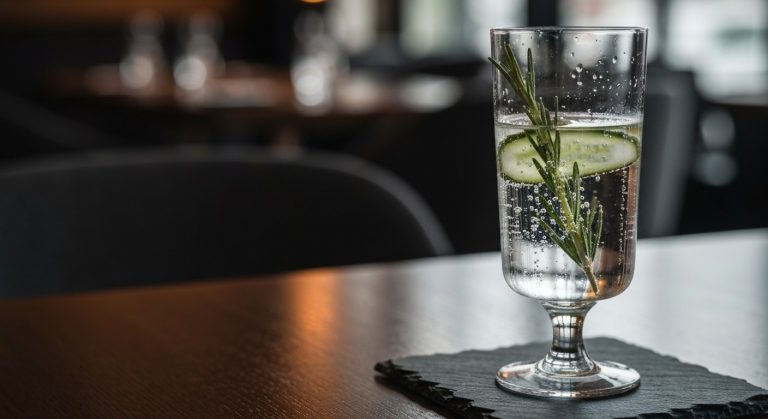 Alkohol a úzkost u celiaků: Komplexní průvodce pro 2026 15 Detailní pohled na elegantní sklenici s perlivou vodou, čerstvým rozmarýnem a okurkou na břidlicové podložce v prstředí luxusního bistra.