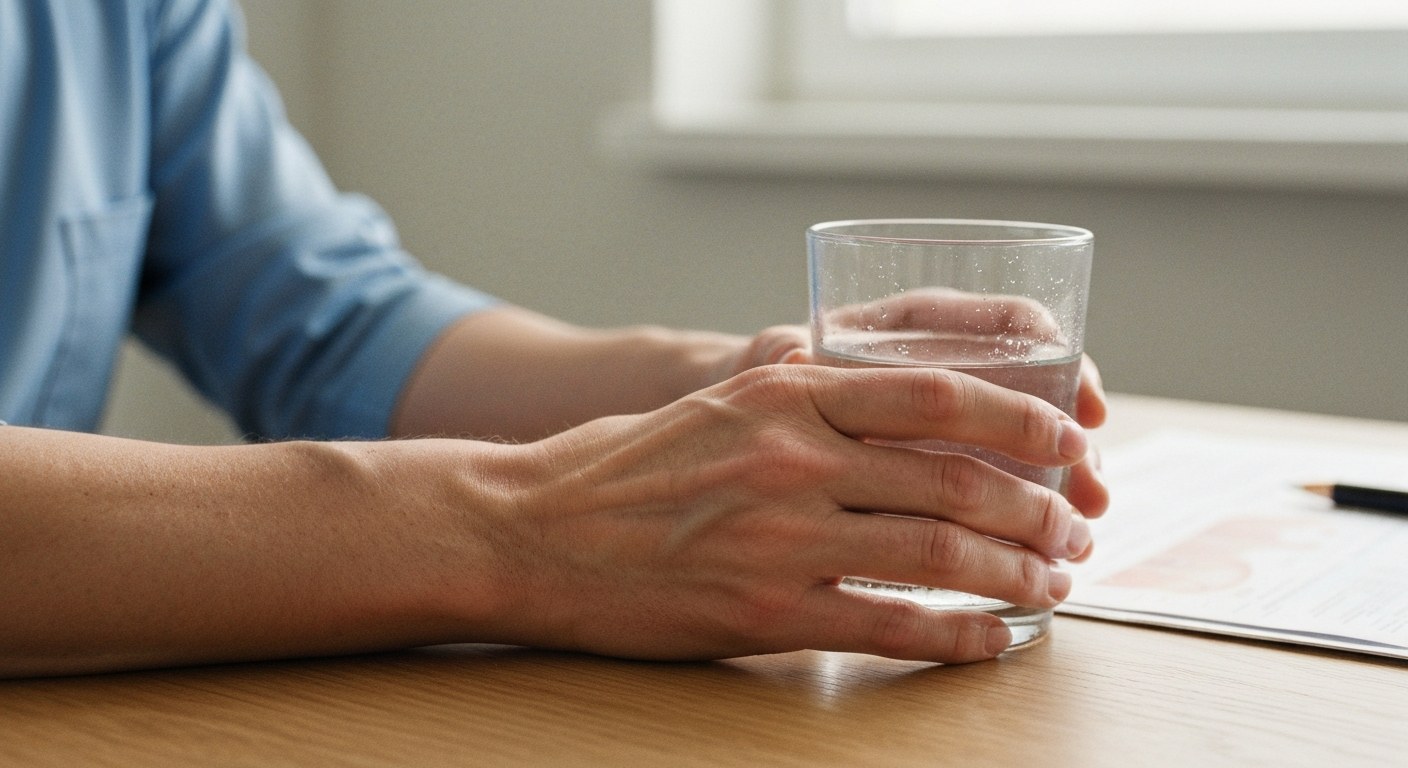Ruce pacienta u stolu v lékařské ordinaci se sklenicí vody v měkkém denním světle.