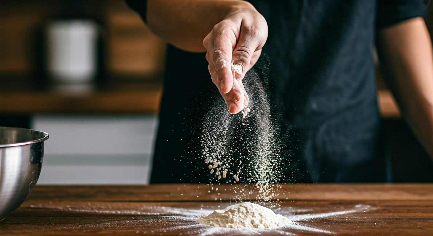 Příprava bezlepkového pečení v kuchyni Detailní pohled na ruce sypající bezlepkovou mouku na tmavou pracovní plochu v kuchyni během přípravy těsta.
