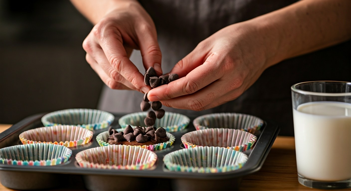 Bezlepkové muffiny s čokoládou Detailní záběr na přidávání kousků čokolády do těsta na bezlepkové muffiny v papírových košíčcích.
