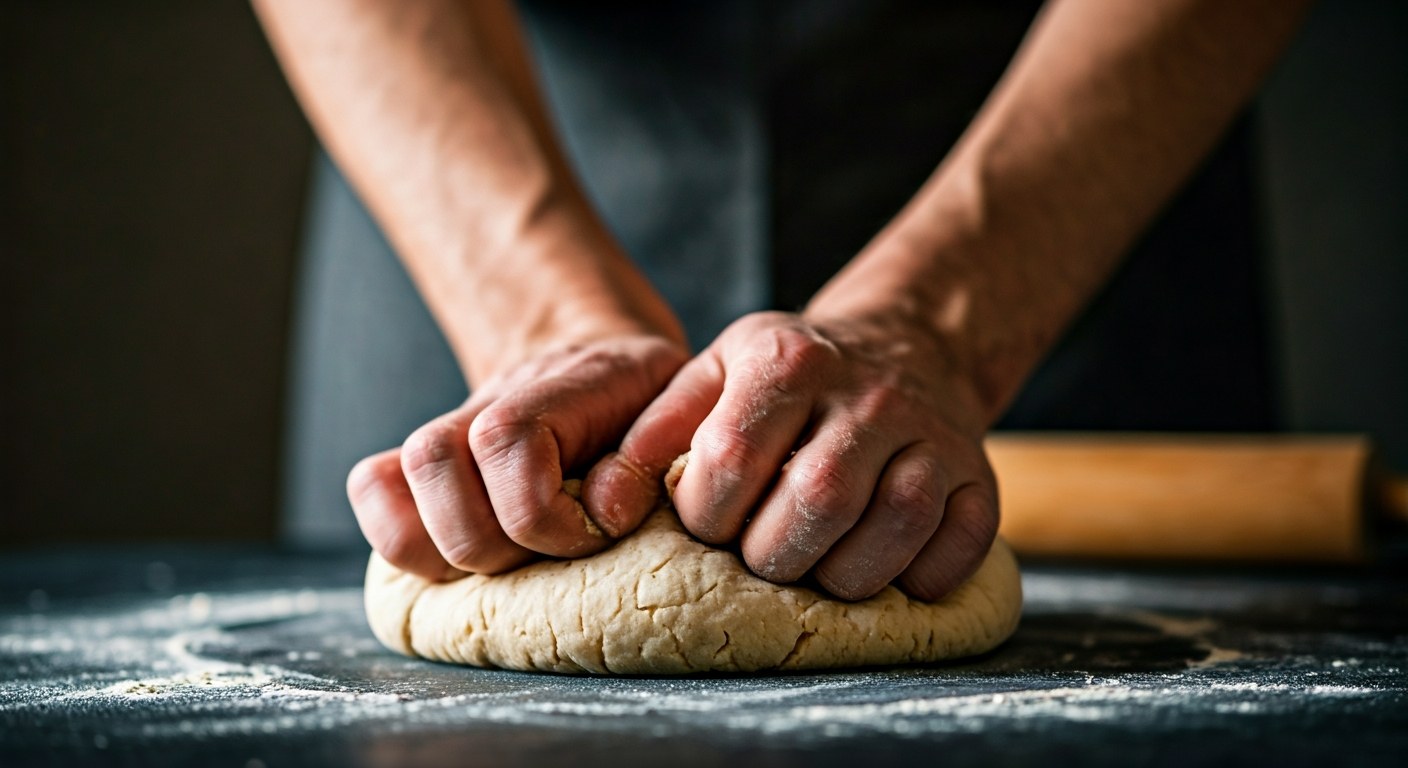 Domácí pečení bezlepkového chleba Detailní záběr na ruce hnětoucí bezlepkové těsto na tmavé pracovní ploše posypané moukou při západu slunce.