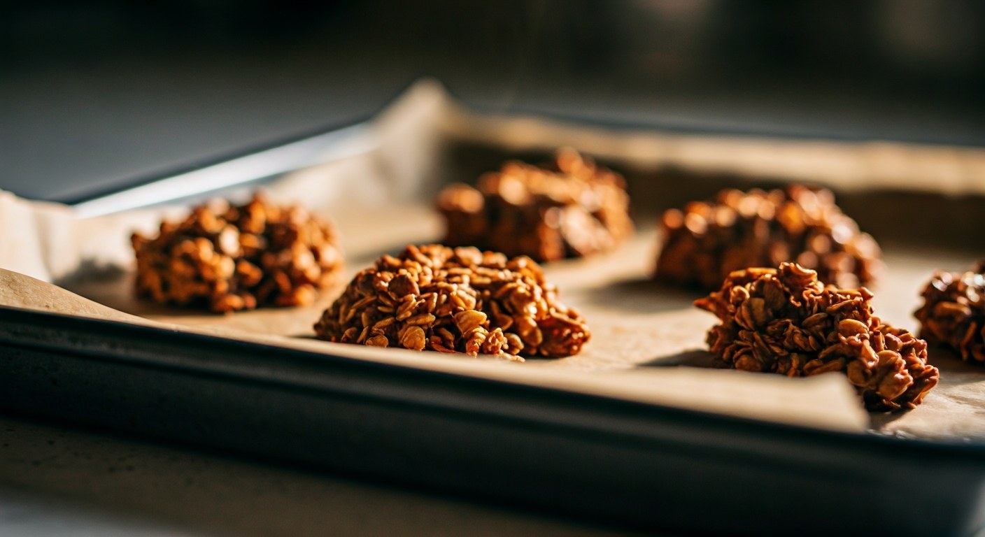 Čerstvě upečená zlatavá granola na plechu s pečicím papírem, ze které stoupá lehká pára.