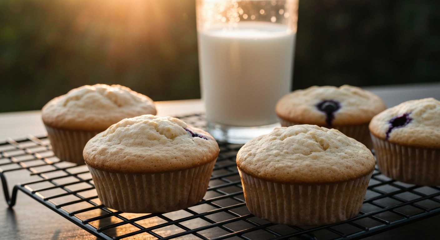 Křupavý povrch a nadýchaný vnitřek Čerstvé muffiny chladnoucí na kovové mřížce při západu slunce, detailní pohled na strukturu povrchu.