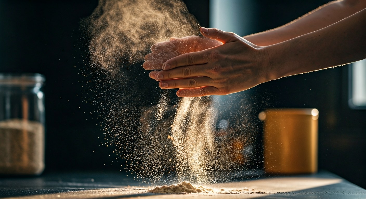 Pečení z domácí ovesné mouky bez lepku Ruce pekaře sypající jemnou bezlepkovou ovesnou mouku na tmavou pracovní plochu v kuchyni.