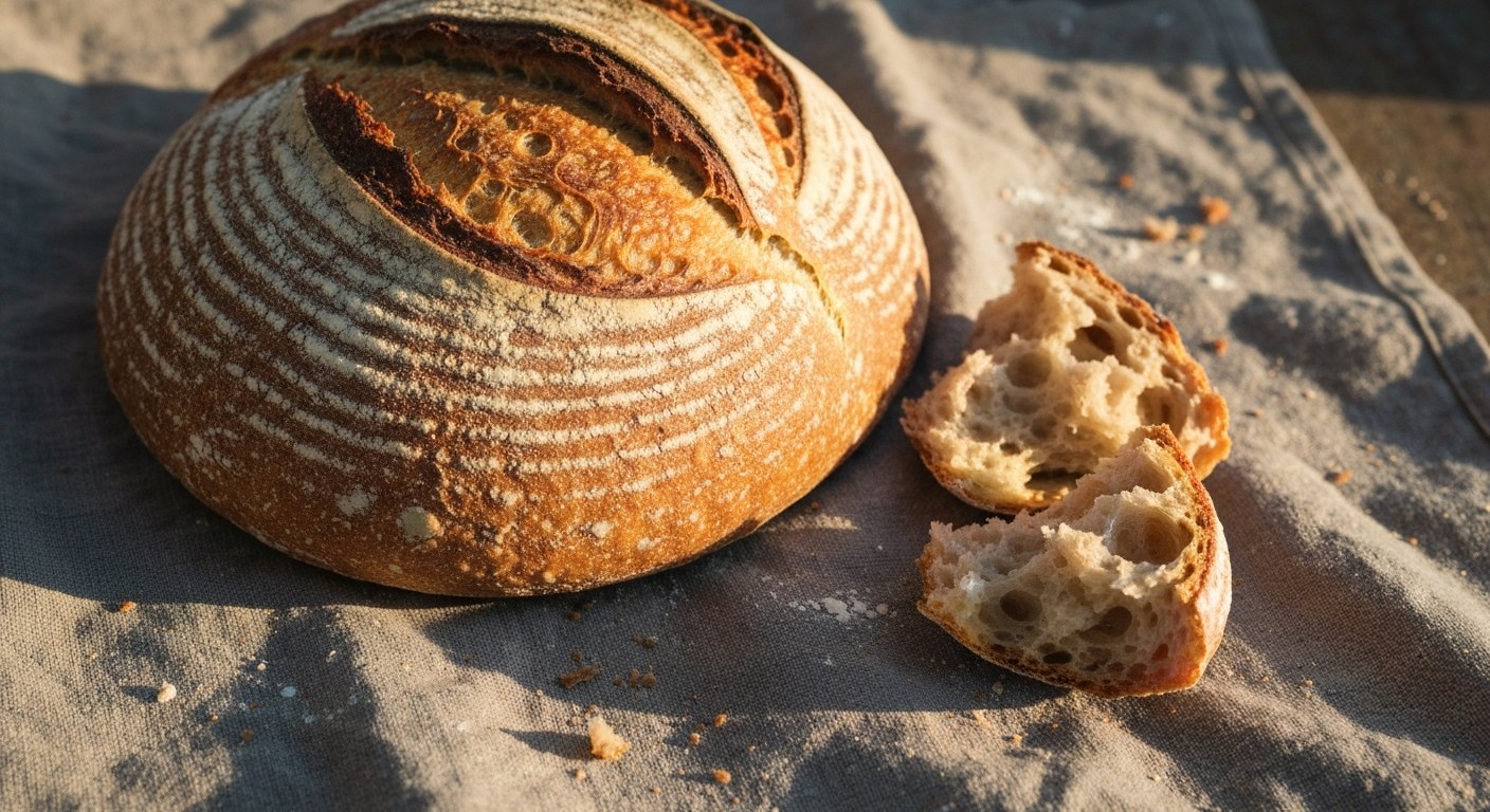 Detailní záběr na čerstvý kváskový chléb na lněné utěrce s rozsypanými drobečky v teplém světle.
