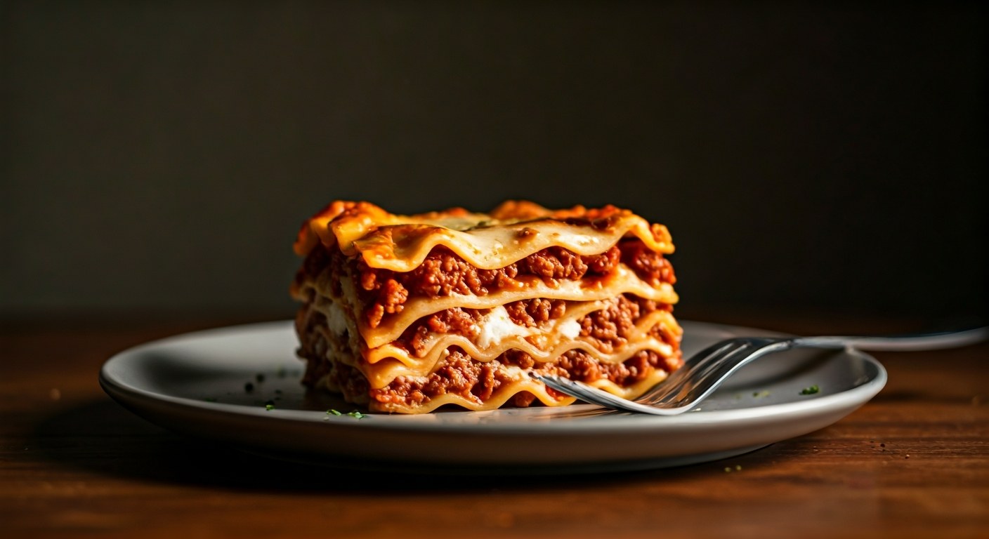 Porce lasagní na talíři s viditelnými vrstvami těstovin, masa a bešamelu.