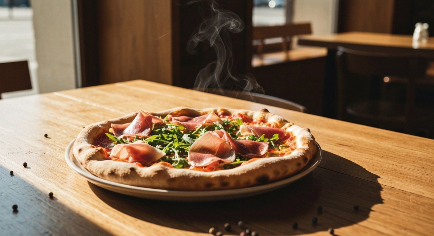 Autentická bezlepková pizza v restauraci Detailní pohled na bezlepkovou pizzu s pršutem a rukolou na dřevěném stole v prosluněné pražské pizzerii.
