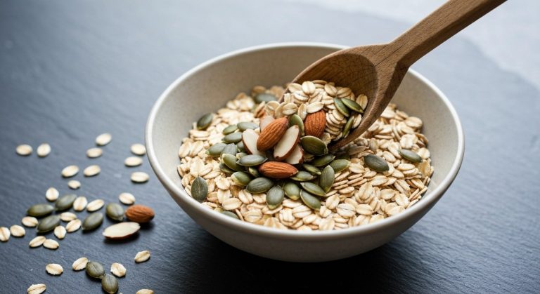 Granola bez lepku: Průvodce křupavou snídaní i recepty 5 Detailní záběr na míchání bezlepkových vloček, dýňových semínek a mandlí v keramické míse s dřevěnou lžící.