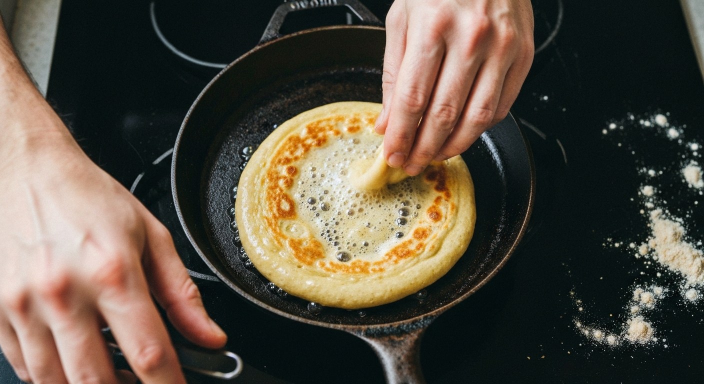 Ruce připravující bezlepkovou cizrnovou placku na litinové pánvi v prosvětlené kuchyni.