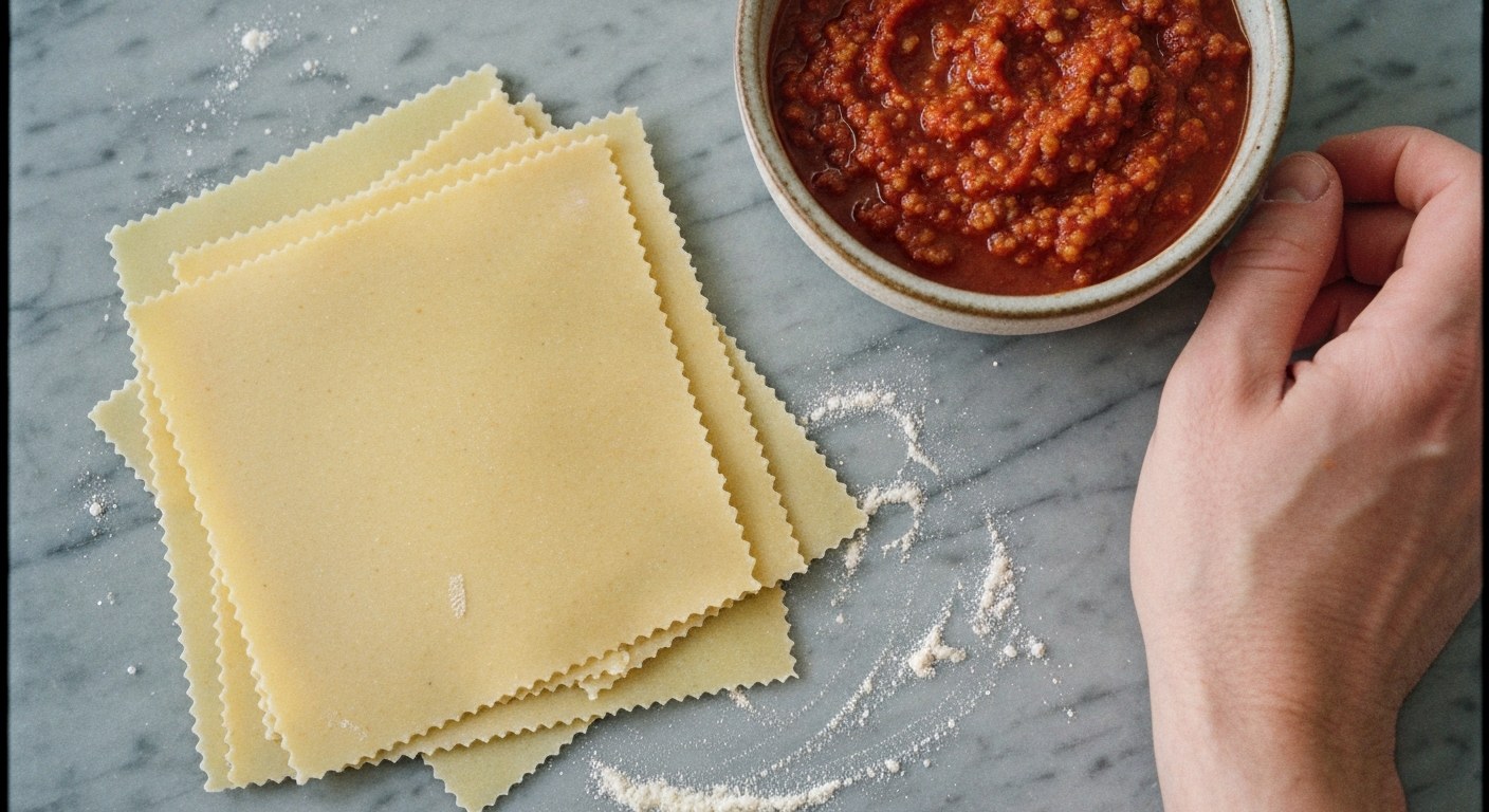 Surové bezlepkové pláty na lasagne vyskládané na kuchyňské lince vedle boloňské omáčky.