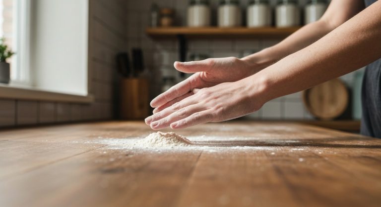 Detailní záběr rukou sypajících bezlepkovou mouku na dřevěnou pracovní desku v prosvětlené kuchyni.