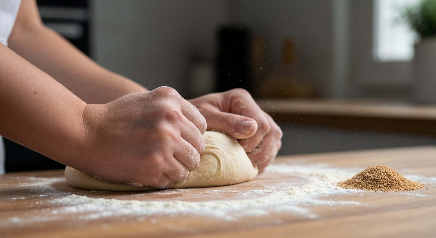 Detailní záběr na ruce hnětoucí světlé bezlepkové těsto na pomoučeném dřevěném vále.