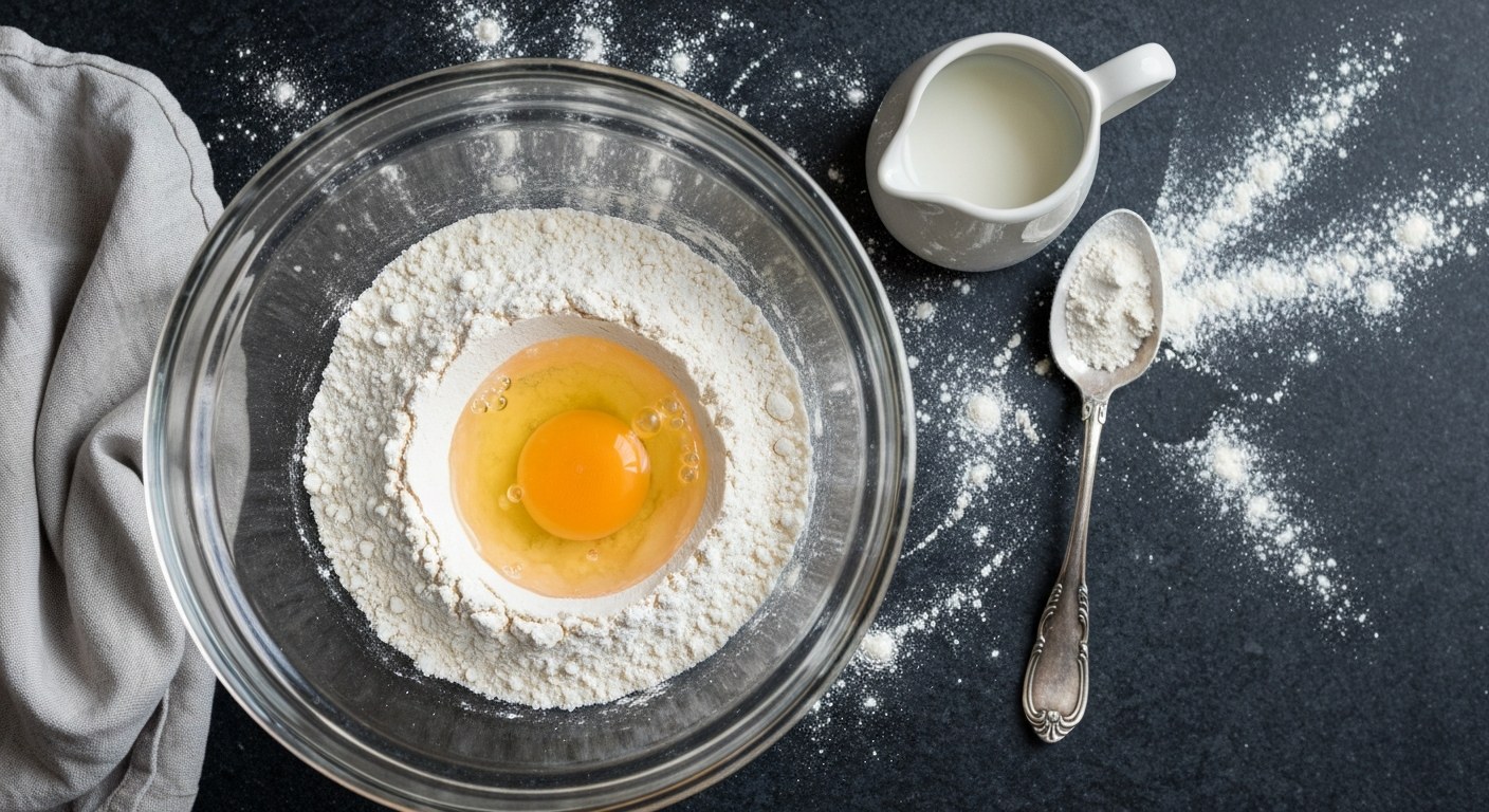 Ingredience pro bezlepkové pečení Příprava těsta na muffiny s bezlepkovou moukou Jizerka, čerstvým vejcem v misce a rozptýlenou moukou na lince.