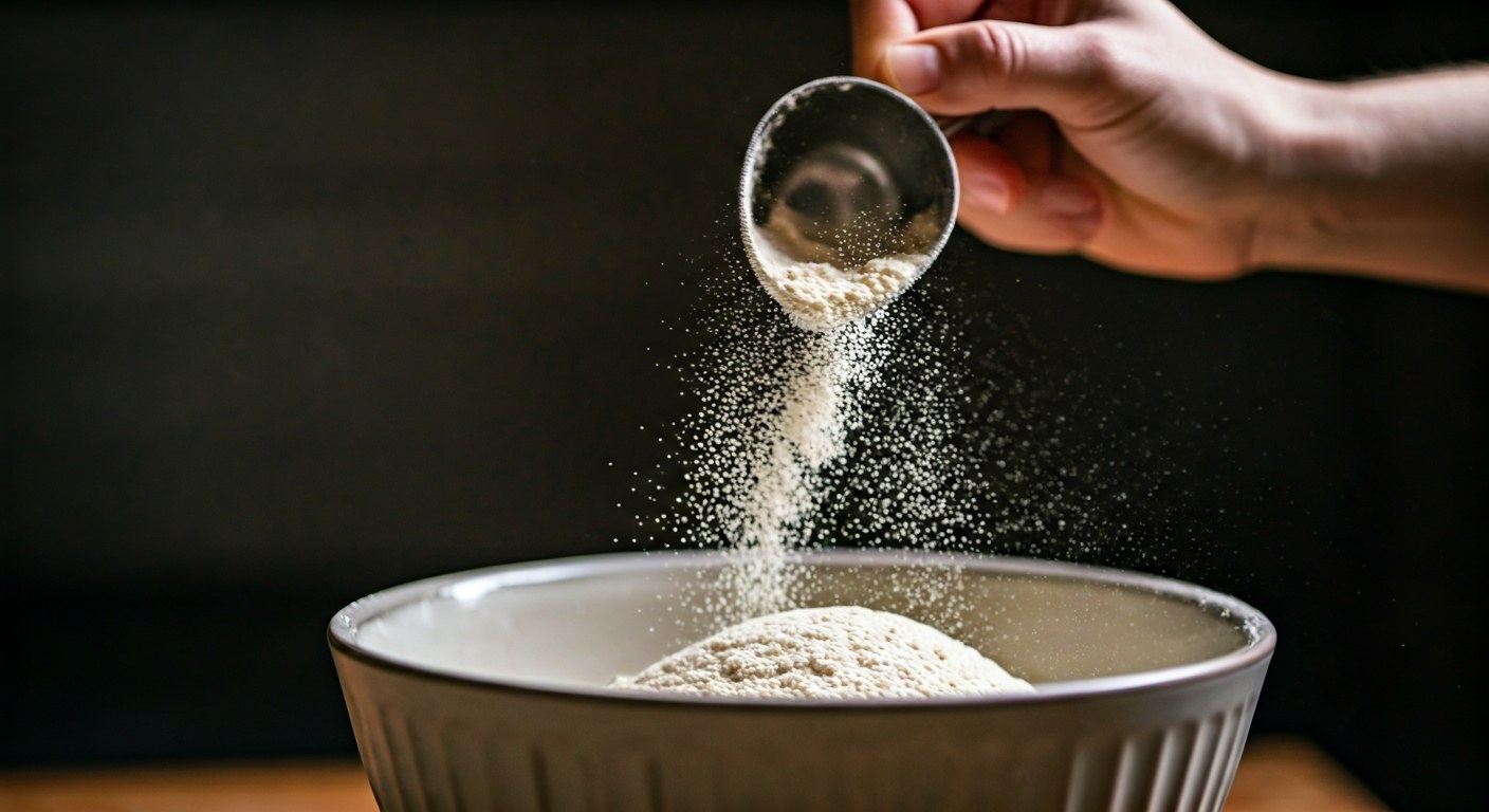Detailní záběr na sypání mandlové mouky do mísy, v pozadí suroviny pro zdravé pečení.