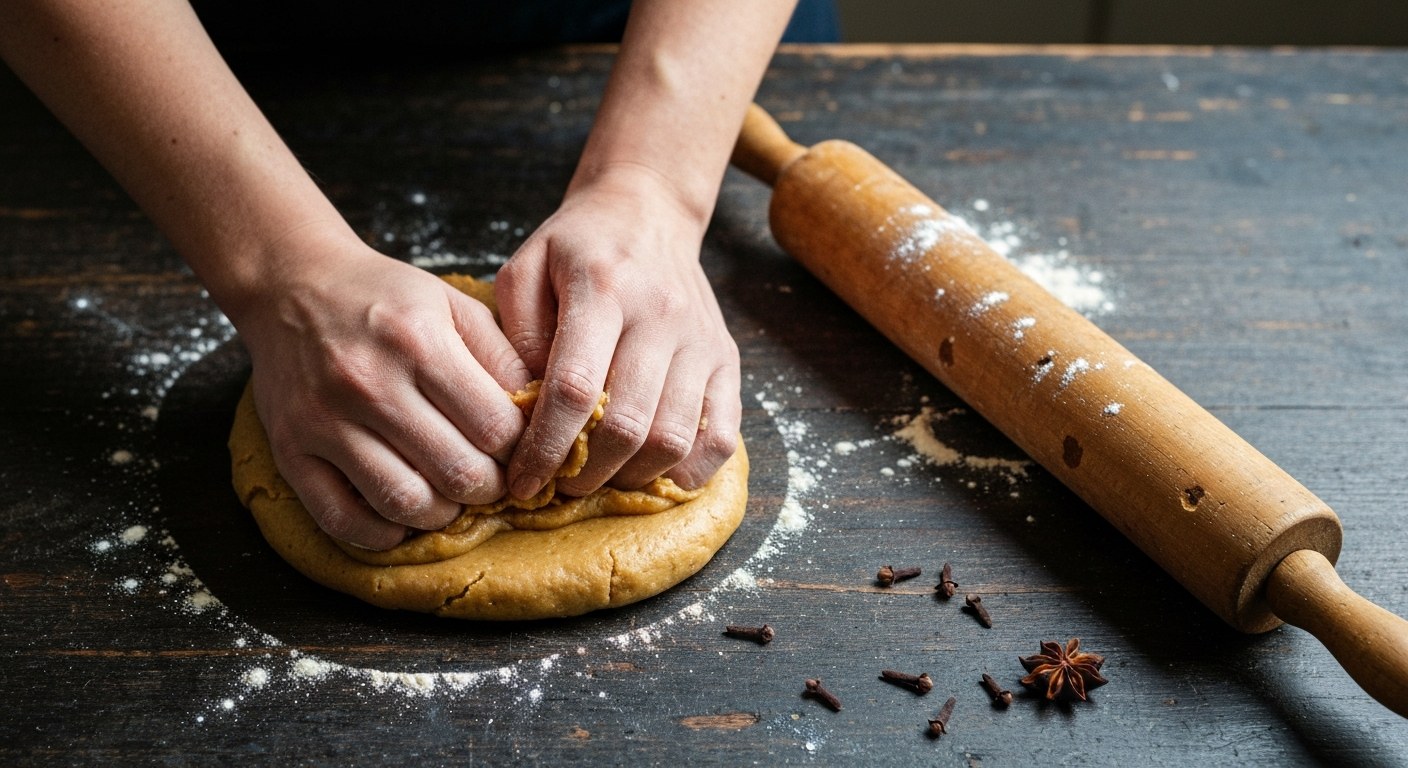 Vánoční perníčky bez lepku: Recept na měkké cukroví (2026) 1 Detailní záběr na ruce hnětoucí medové bezlepkové těsto na pomoučeném dřevěném válu s kořením v pozadí.